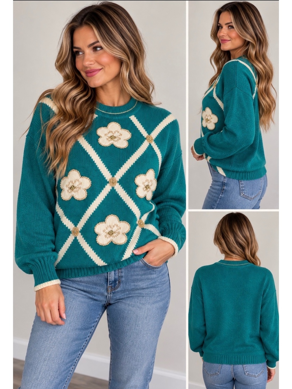 Vintage Daniel Hechter Teal Floral Argyle Knit Sweater – Size Large